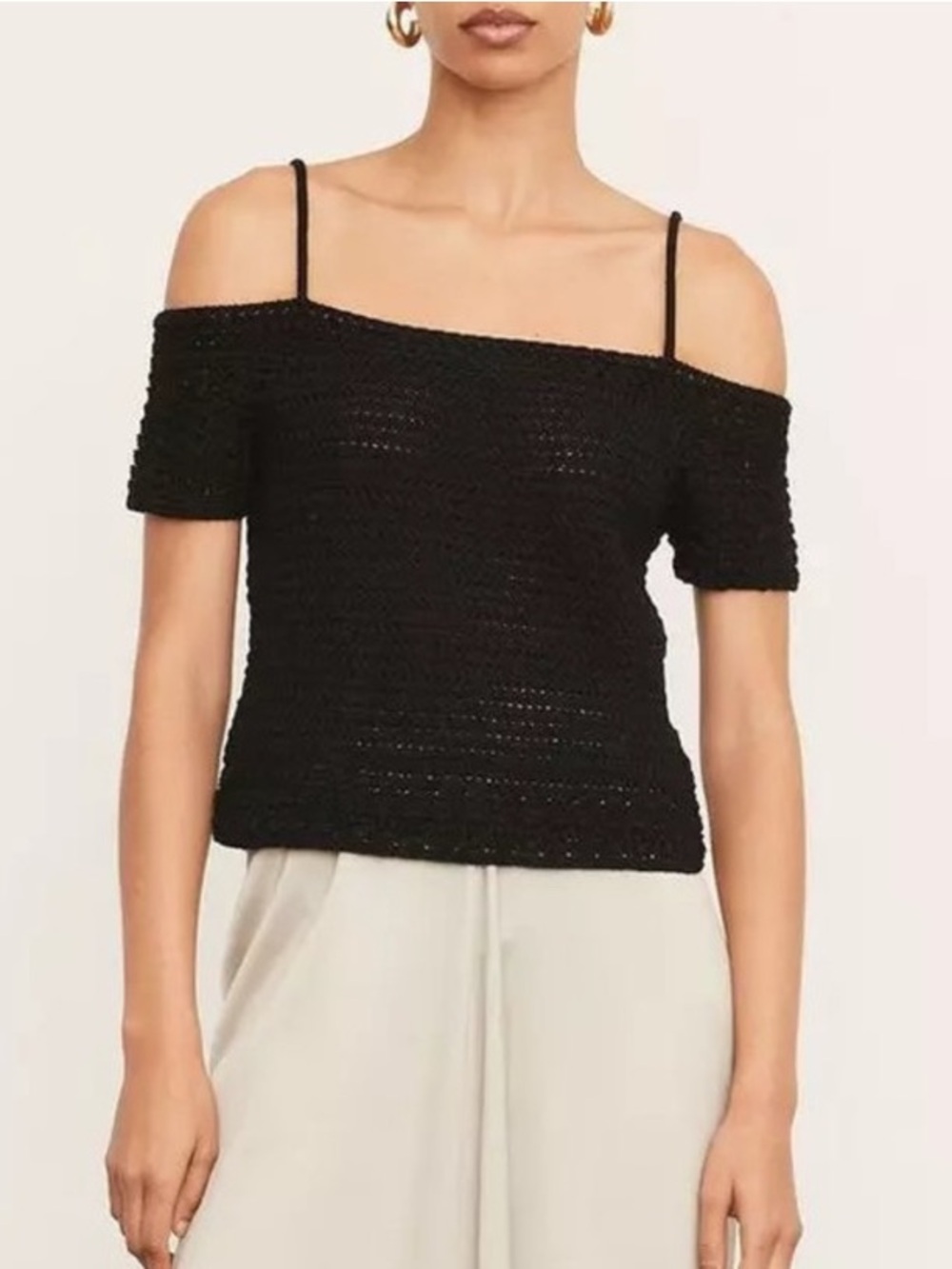 Vince Black Off-Shoulder Crochet Knit Top